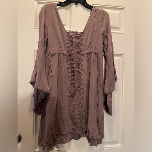 Deep Mauve baby doll dress with bell sleeves. - Picture 1 of 6